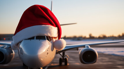 Obraz premium Festive flight! An airplane is adorned with a Santa hat, embodying the holiday spirit at the airport. Ready to take off into a Christmas adventure filled with joy and travel!