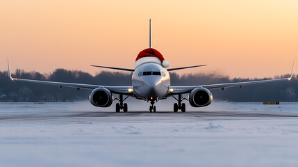 Obraz premium Festive flight! An airliner taxis down the runway, playfully sporting a Santa hat on its nose. The winter sky glows softly in the background, marking a Christmas journey.