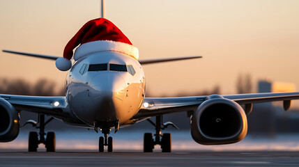 Holiday travel ready! This airplane is wearing a Santa hat for the holidays. Get ready to fly home for Christmas. Happy holidays! Let's fly away on the plane.