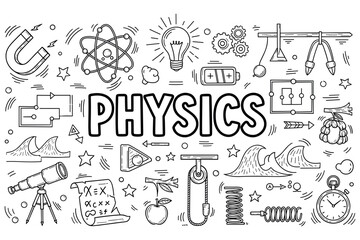 Obraz premium Physics doodle art with scientific symbols and formulas