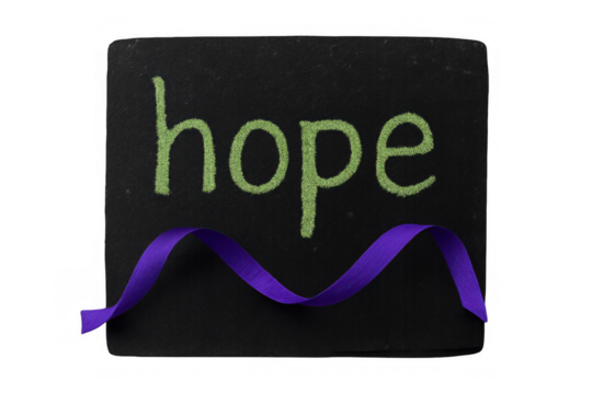 Hope written on a black chalkboard with a vibrant purple awareness ribbon. Symbolizing support, inspiration, and charity