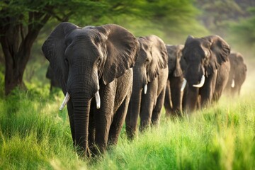 Obraz premium In the wild: elephants amidst the serengeti grasslands. Advertising photo. Serenity in motion: elephants walking through tarangire's tall grass. Majestic beauty. Chic appearance.