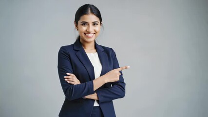 professional young woman smiling and confidently pointing to the side, isolated on plain light background - Powered by Adobe