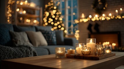 A cozy living room decorated for Christmas with glowing candles, a lit tree, and warm bokeh lights creating a festive atmosphere.