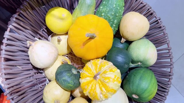 supermarket vegetable counters, various vegetables (pumpkin, zucchini, squash)
