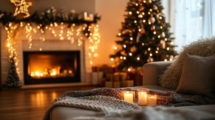 A cozy living room decorated for Christmas with a glowing fireplace, twinkling lights, and a festive tree.