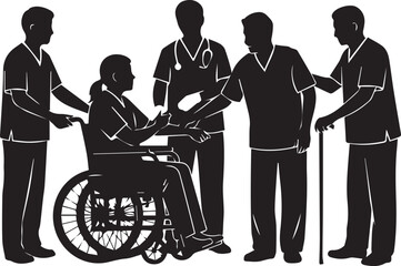 International volunteer day silhouette of healthcare team assisting elderly person in wheelchair