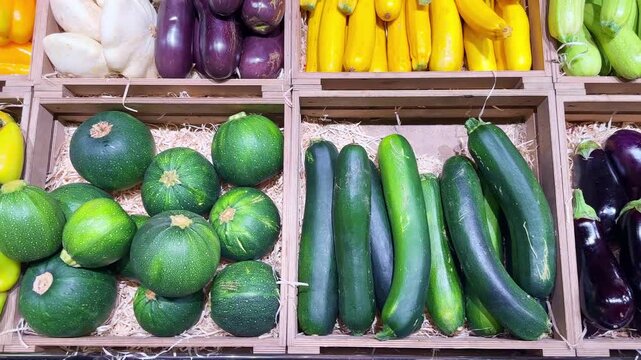 supermarket vegetable counters, various vegetables (pumpkin, zucchini, squash)