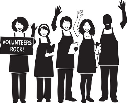Diverse group of volunteers wearing aprons waving hands celebrating international volunteer day - Powered by Adobe