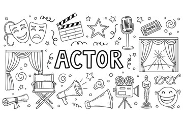 Actor performance icons: theater, cinema, awards, and microphone illustrations in black and white