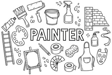 Painter tools and art supplies illustration with brush, palette, and ladder