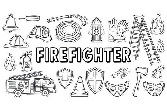 Firefighter tools and equipment sketches: hose, ladder, fire hydrant, extinguisher, helmet