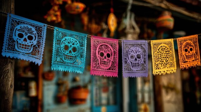 halloween papel picado banner  colorful ghosts skull cutouts day of the dead festive decor cultural celebration autumn mexican