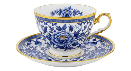 Blue White Gold Floral Teacup Saucer Set Isolated