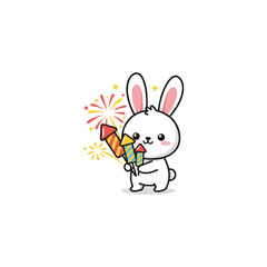 Cheerful white bunny celebrating with colorful fireworks in the background. Perfect for New Year, celebration, or festive holiday illustrations.