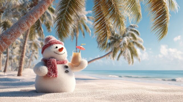 a snowman sitting on a tropical beach sipping a drink under a palm tree christmas marketing photo christmas travel  holiday advertising website advert christmas