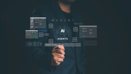 Businessman interacting with virtual interface of AI agents, data analytics, and command prompt system, representing artificial intelligence technology in modern business solutions.