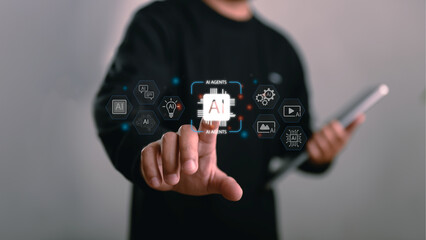 Man touching virtual AI agents icon on futuristic interface, representing artificial intelligence, data-driven technology, and automation systems in smart digital transformation environments.