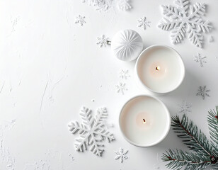 Fototapeta premium White christmas candles and snowflake flat lay radiate winter warmth and invite cozy holiday cheer