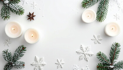 Minimalist white Christmas flat lay displays tranquil and serene mood on bright and simple Nordic backdrop