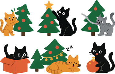 Fototapeta premium Cute cats playing and resting around decorated Christmas trees with festive lights and ornaments vector illustration