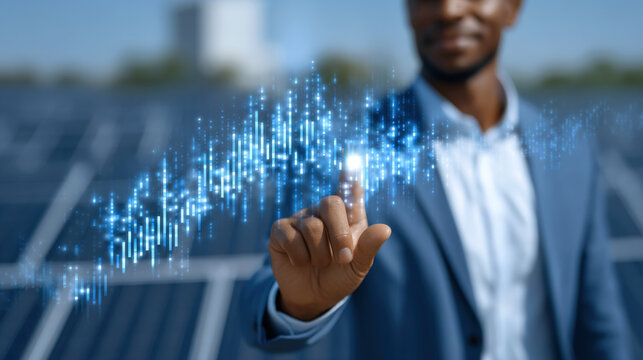 Solar engineer data interface futuristic interaction smiling professional touching holographic graph