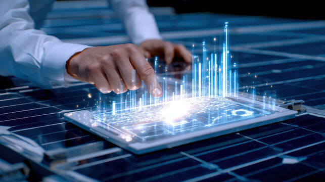 Futuristic solar engineer interacts with holographic data tablet over solar panel, analyzing energy analytics and performance - Powered by Adobe
