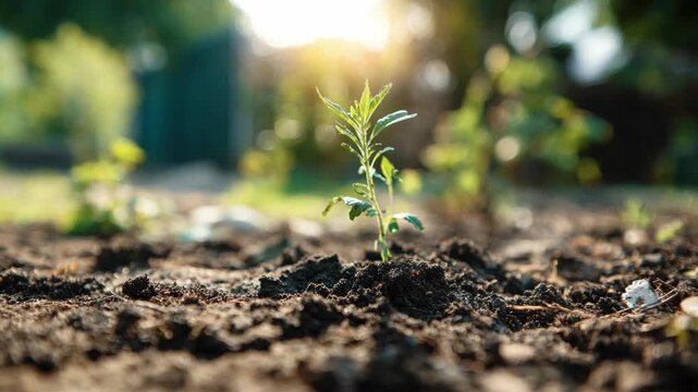 Young green plant emerges from rich soil, captured in a series of frames showcasing growth progression, with sunlight illuminating the scene and camera gently zooming in