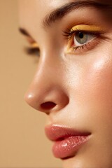 Fototapeta premium Woman's beautiful profile with bright yellow eyeshadow, glowing skin, and glossy pink lips on a creamy background