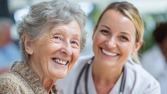 Heartfelt Connection: Capturing the beauty of genuine care and compassion as an elderly individual smiles radiantly alongside a devoted caretaker, their bond shining through.
