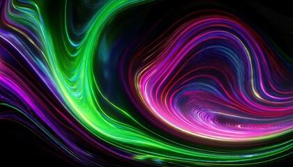 Neon Green Pink Purple Liquid Swirl Line On Black Background Abstract Defocused Wave Glitch Art Trippy Digital Screen Backdrop Banner Template Trippy Texture Vr Metaverse Electric Fuchsia