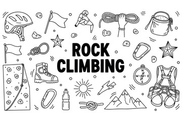 Rock climbing elements: gear, equipment, and adventure icons