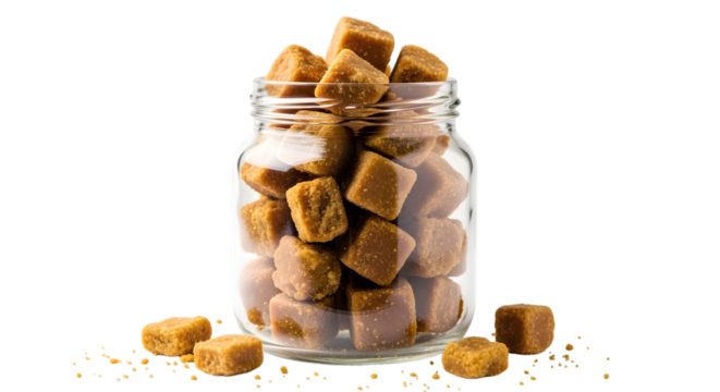 Brown sugar cubes in a glass jar isolated on transparent background