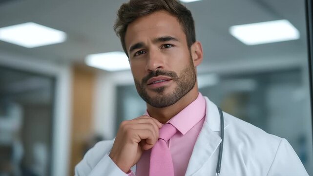 male doctor adjusting tie with stethoscope in pocket before entering operating theatre soft air filtration hum readiness three quarter wide angle cinematic color correction