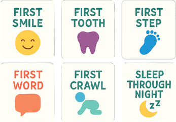 Baby milestones first smile tooth step word crawl sleep through night vector icons design