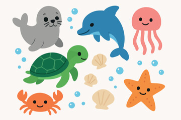 Obraz premium Cute sea animals vector with happy seal dolphin turtle crab starfish jellyfish and shells design for children and kids fun ocean life