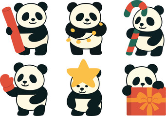 Obraz premium Cute pandas celebrating Christmas with gifts decorations and candy canes in playful holiday vector design