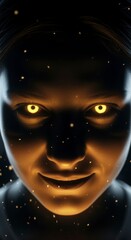 A striking close-up of a face with glowing eyes, surrounded by dark, ethereal particles, creating a mysterious and intense atmosphere.