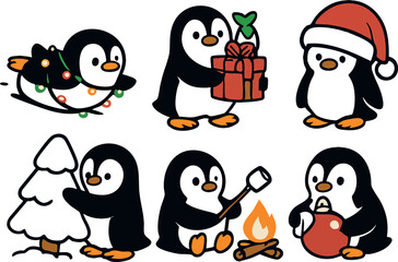Naklejka premium Cute penguins celebrating Christmas with gift, tree, fire, and decorations in festive winter holiday scene vector illustration