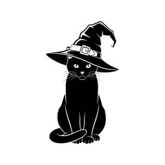 Black cat in witch hat vector illustration for Halloween celebration