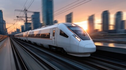 Fototapeta premium High-Speed Train Racing Through Urban Landscape at Sunset, Showcasing Modern Transportation Technology and City Skyline in Motion