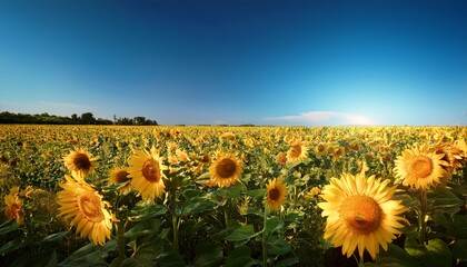 Fototapeta premium Field Of Tall Sunflowers With A Clear Blue Sky Field Harvest