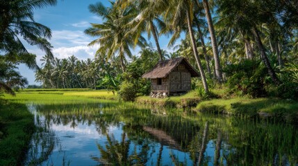 Fototapeta premium Tranquil Tropical Landscape with Reflection of Hut Surrounded by Lush Palm Trees and Rice Fields under Blue Sky and White Clouds
