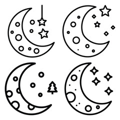 christmas eve moon icon set, black color and white background
