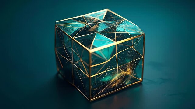 A geometric cube with teal crystal panels and golden frames floats over a teal surface