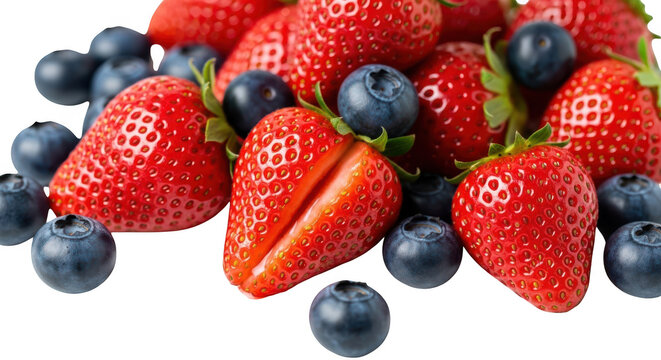 Fresh vibrant strawberries and blueberries mix, healthy red and blue fruit closeup shot