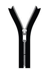 Close up of a black zipper partially open on a white background