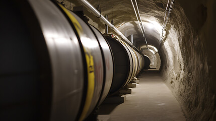 Underground tunnel with large pipes, illuminated by distant lights. Beige walls and smooth floor, creating a sense of depth and industrial architecture.