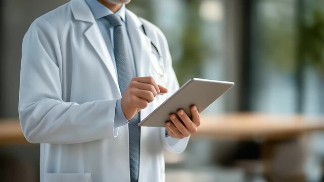 male physician adjusting stethoscope while reading lab results on tablet soft keystrokes digital integration three quarter wide angle cinematic color correction gentle backlight