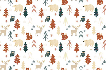 Seamless Christmas pattern in Scandinavian style featuring cute animals &mdash; bear, fox, deer, and owl &mdash; with fir trees and snowflakes. Cozy winter vector design for festive projects Isolated background.